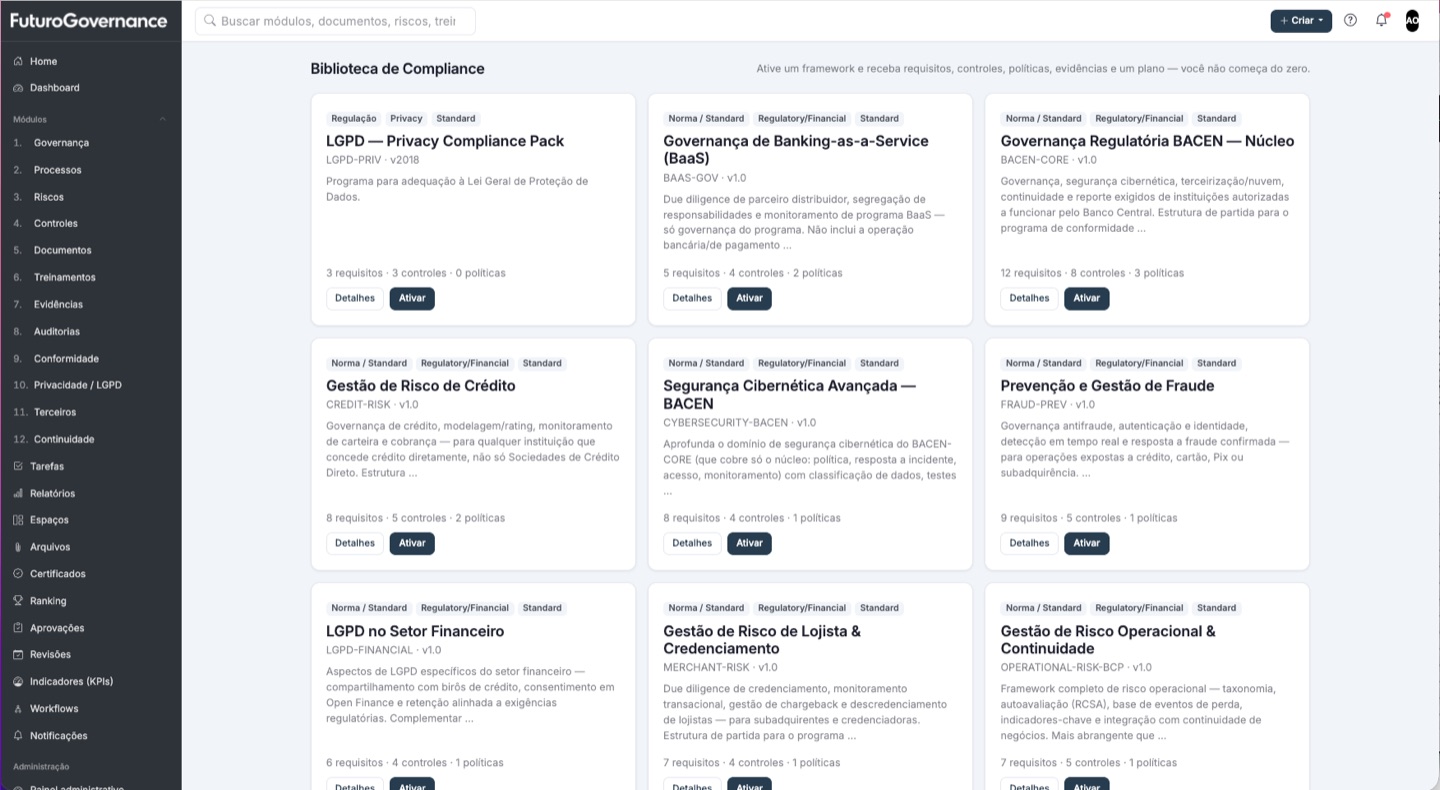 Biblioteca de Compliance com packs LGPD, BACEN, BaaS, risco de crédito e prevenção à fraude